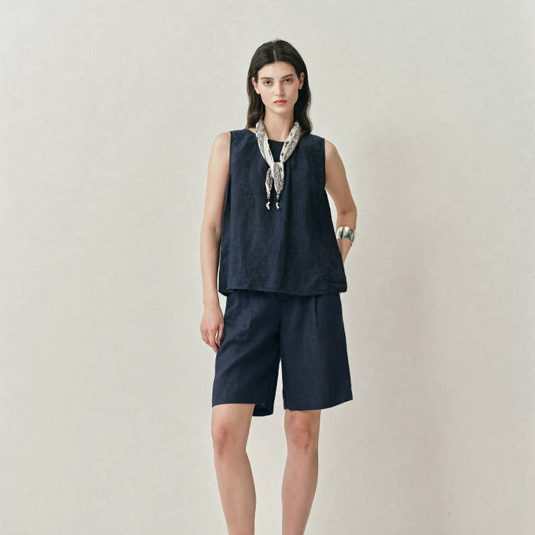 Summer Retro 100% Linen Solid Color Loose Elastic Waist Shorts