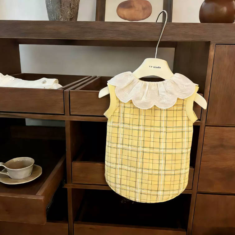 Spring Yellow Plaid Lace Trim Vest Pet Clothes For Large Dogs