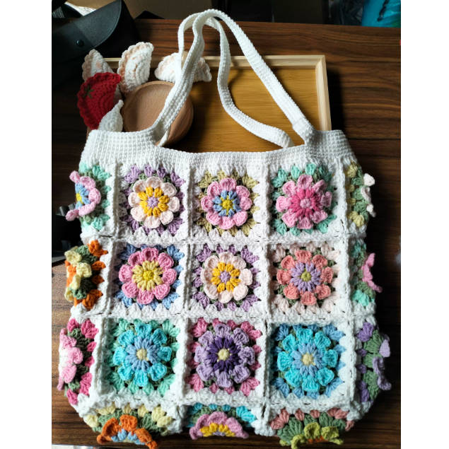 Spring Floral Handmade Crochet Color Block Hand Bag Shoulder Bag