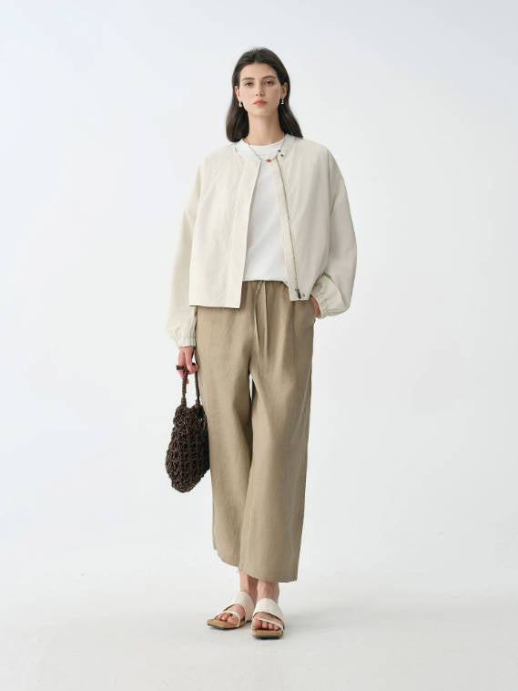 Summer Retro 100% Linen Loose Elastic Waist Cropped Pants Harem Pants