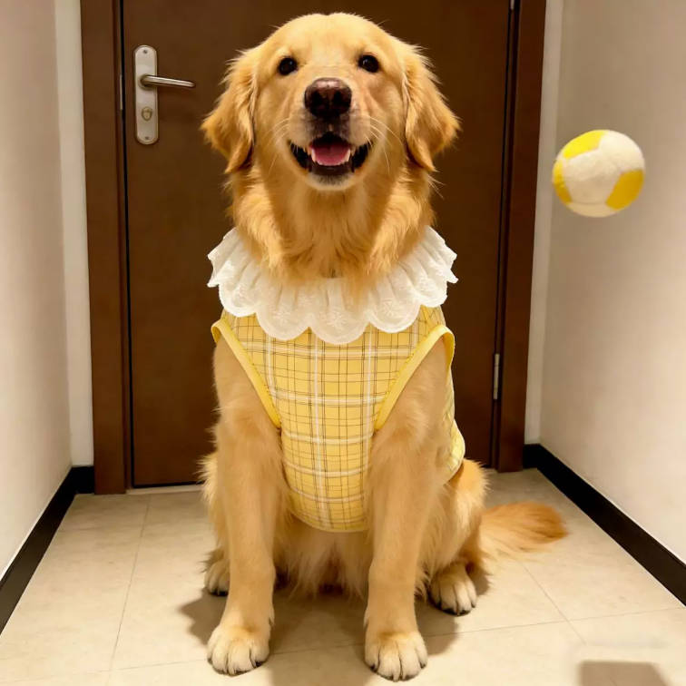 Spring Yellow Plaid Lace Trim Vest Pet Clothes For Large Dogs