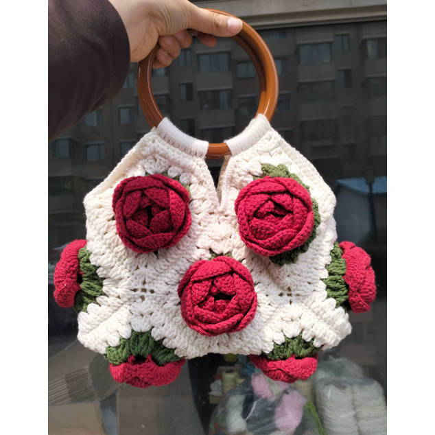 Spring Floral Handmade Crochet Color Block Hand Bag