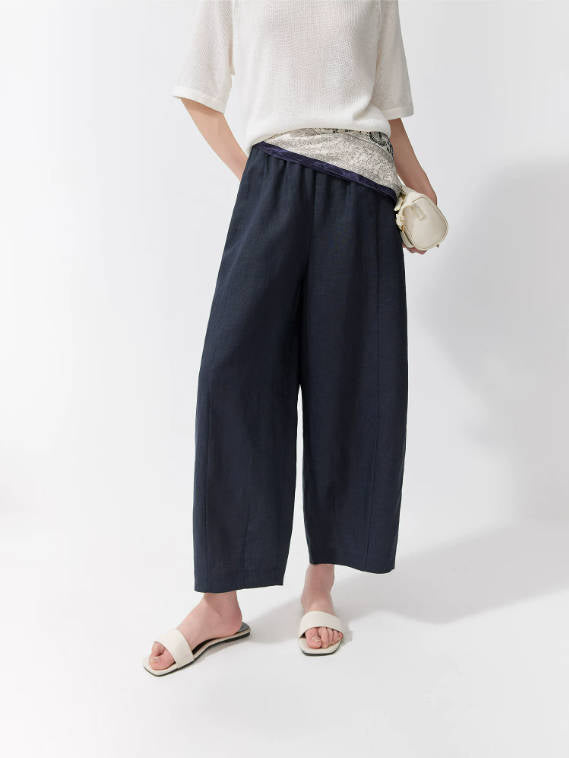 Summer Retro 100% Linen Loose Elastic Waist Cropped Pants Harem Pants