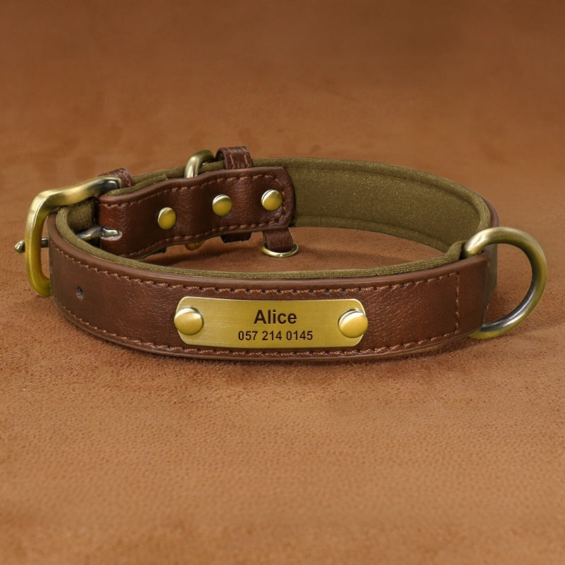Custom Elegant Leather Adjustable Collar With Engravable Pet Tag