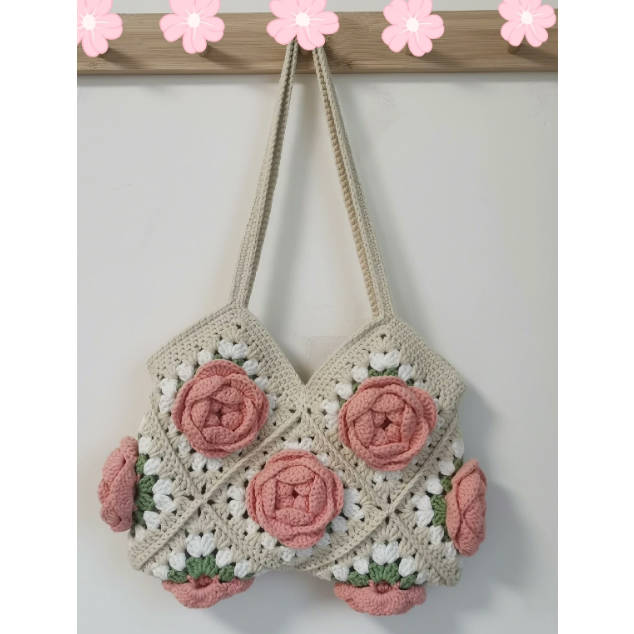 Spring Floral Handmade Crochet Color Block Hand Bag