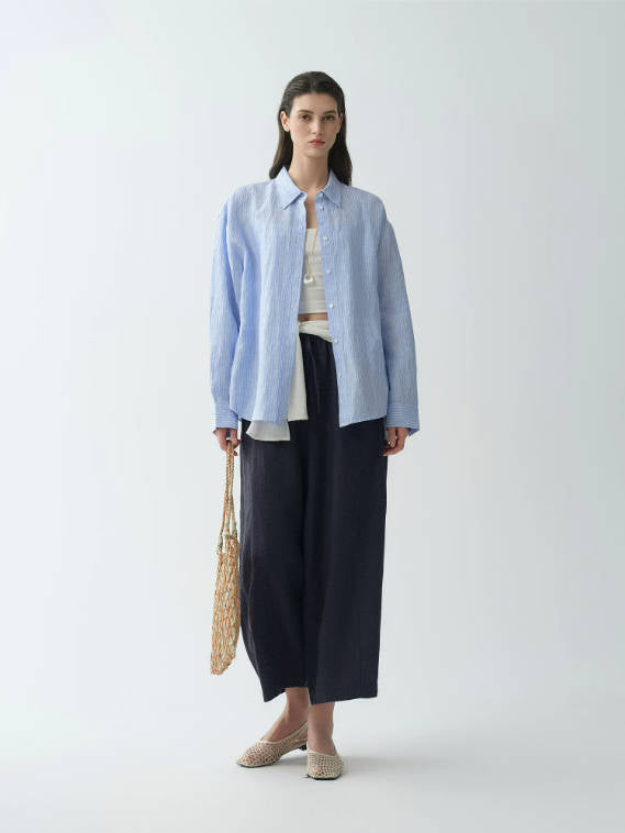 Summer Retro 100% Linen Loose Elastic Waist Cropped Pants Harem Pants