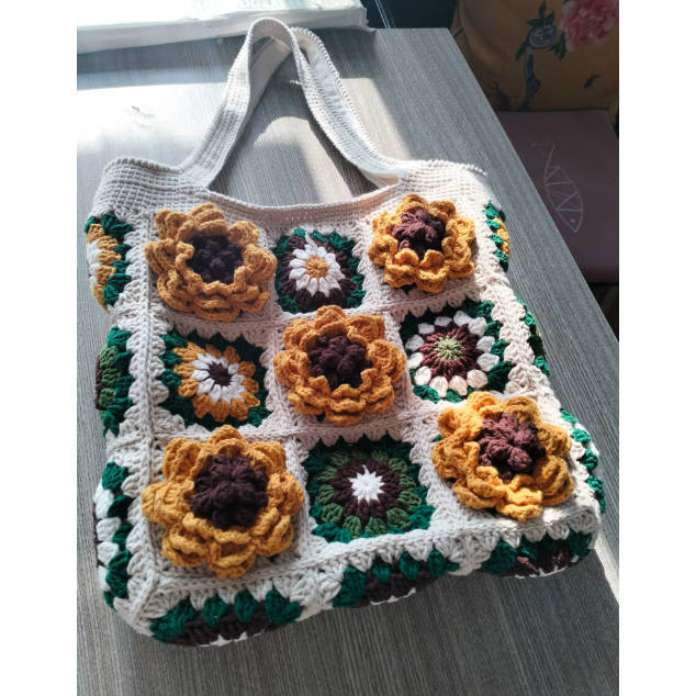 Spring Floral Handmade Crochet Color Block Hand Bag Shoulder Bag
