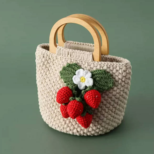 Handmade Crochet Strawberry Handle Bucket Hand Bag