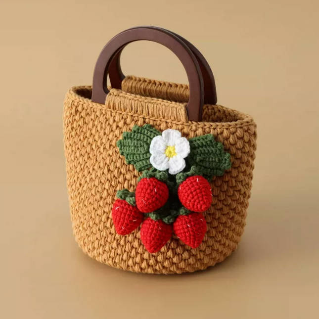 Handmade Crochet Strawberry Handle Bucket Hand Bag