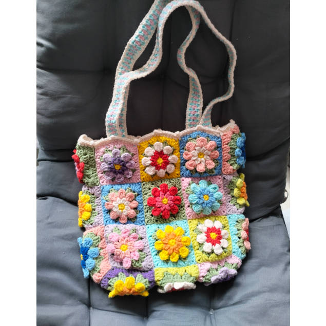 Spring Floral Handmade Crochet Color Block Hand Bag Shoulder Bag