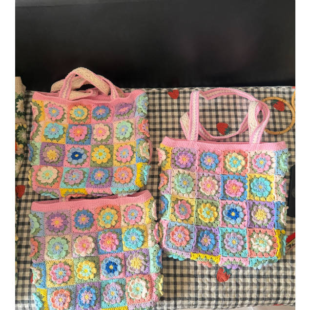 Spring Floral Handmade Crochet Color Block Hand Bag Shoulder Bag