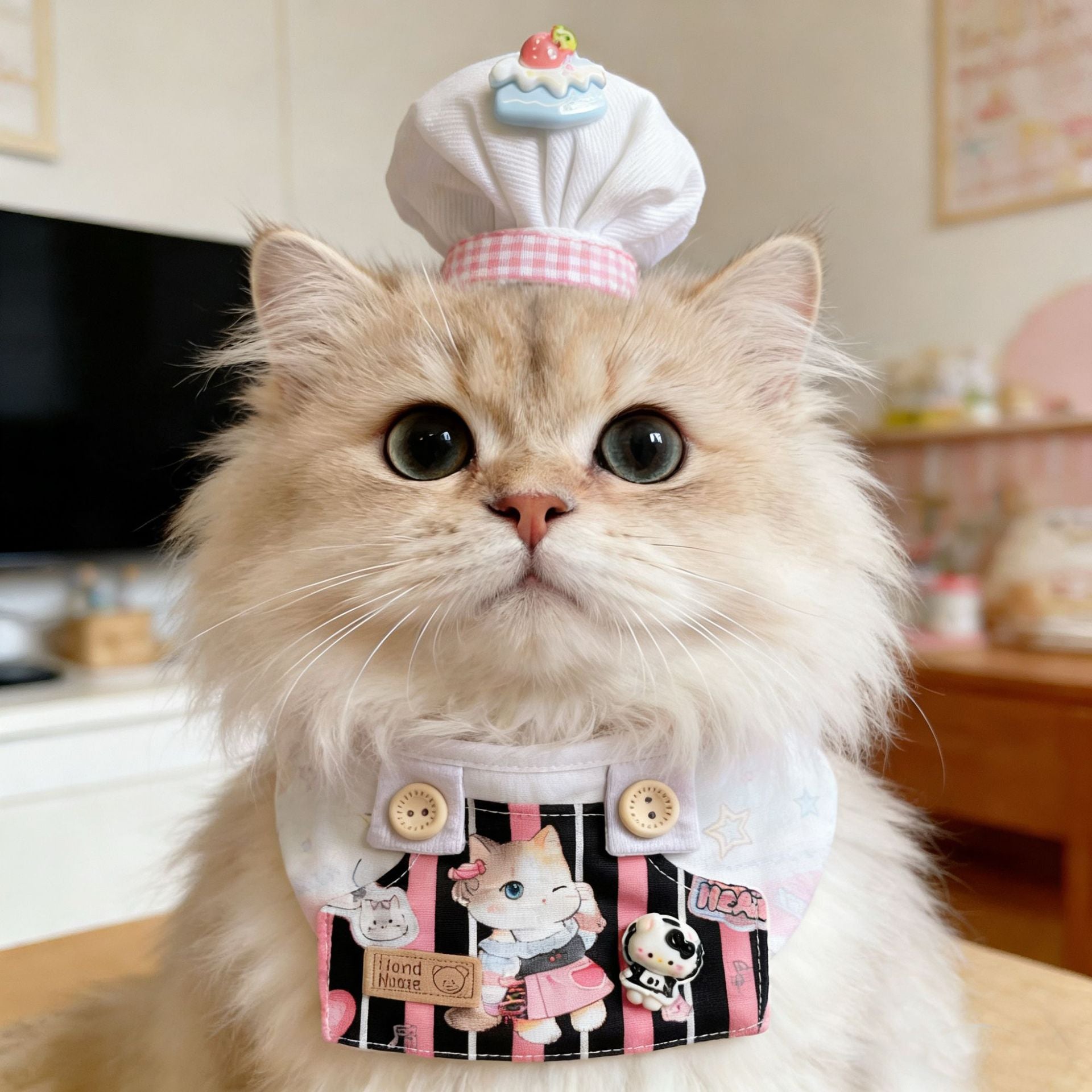 Pet Cat Chef Apron Strawberry Print Dog Bib Hat