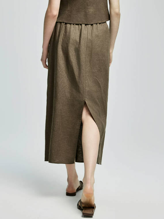 Vintage 100% Linen Elastic Waist Back Slit Office-Appropriate Skirt