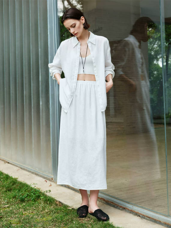 Vintage 100% Linen Elastic Waist Back Slit Office-Appropriate Skirt