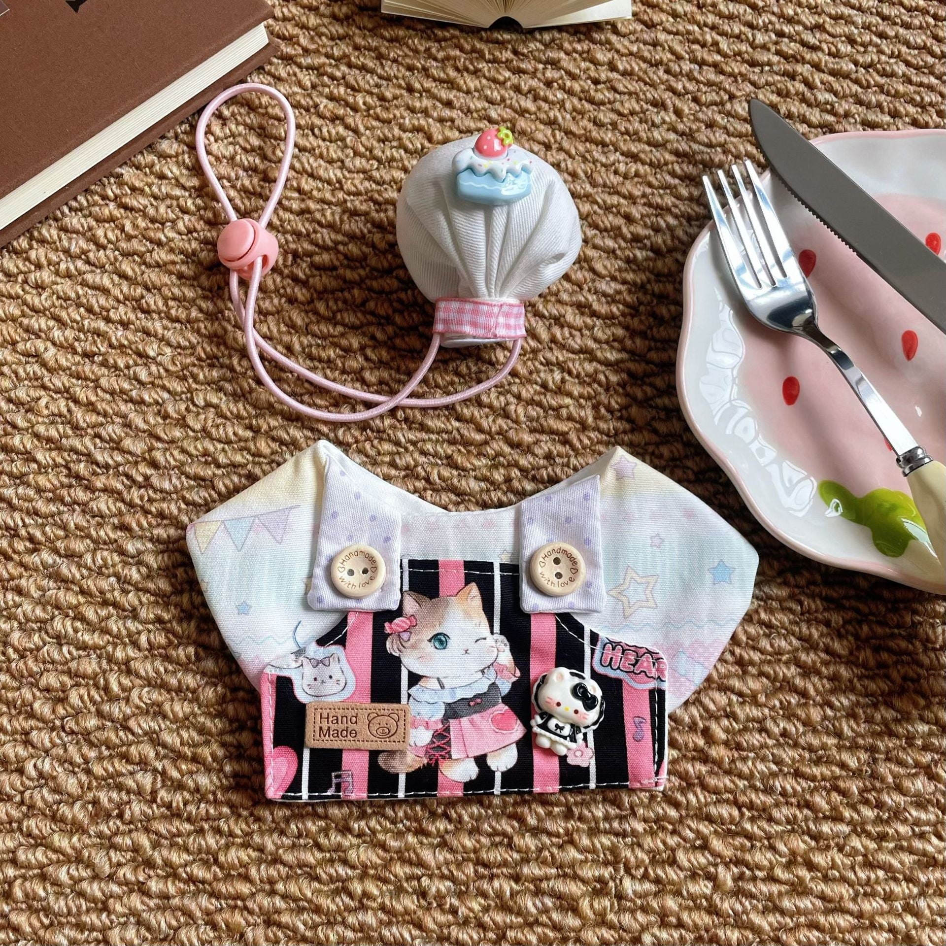 Pet Cat Chef Apron Strawberry Print Dog Bib Hat