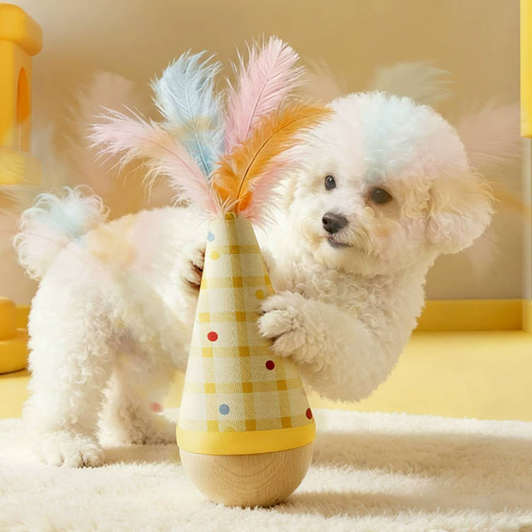Feather Beech Wood Base Pet Teeth Grinding Interactive Tumbler Pet Toy