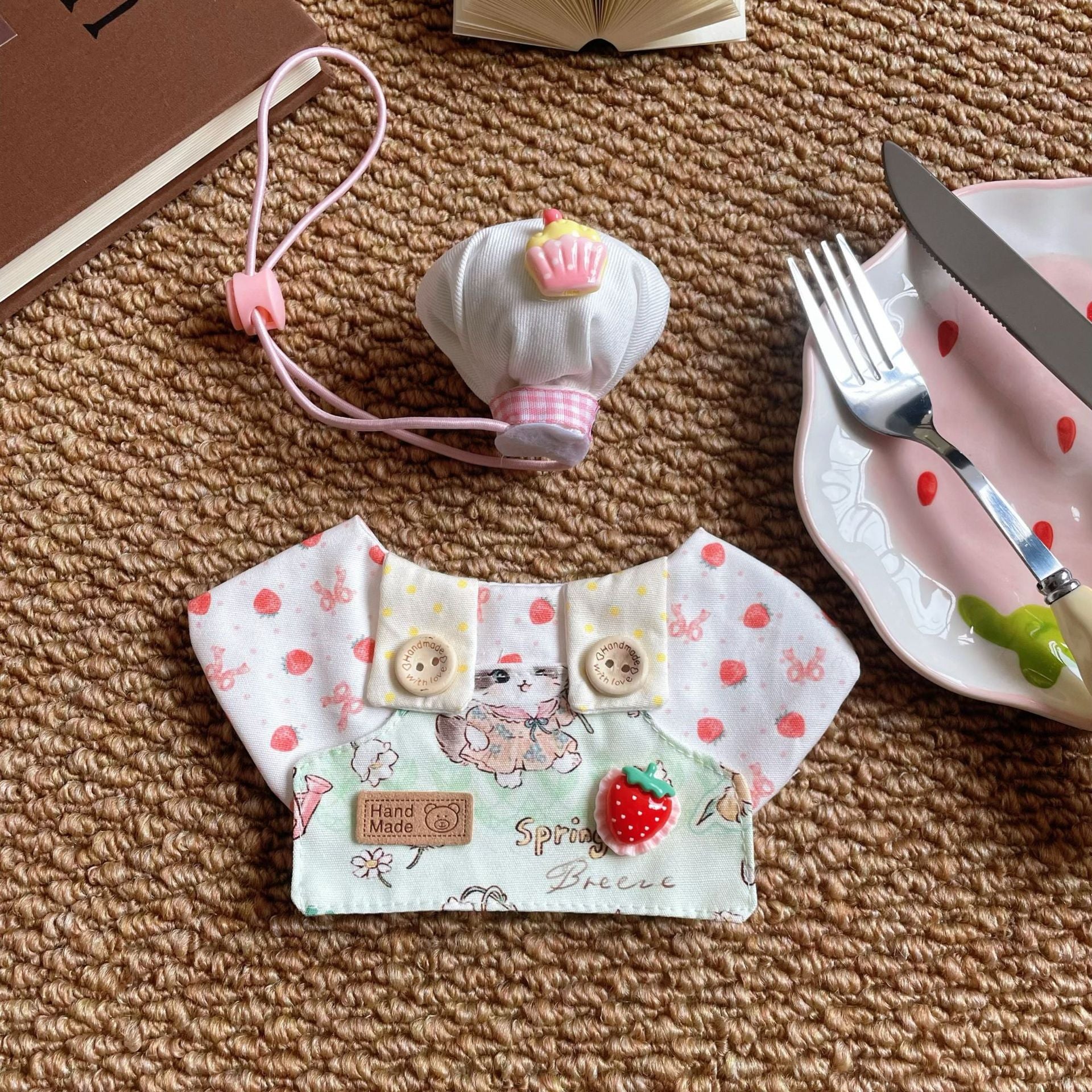 Pet Cat Chef Apron Strawberry Print Dog Bib Hat