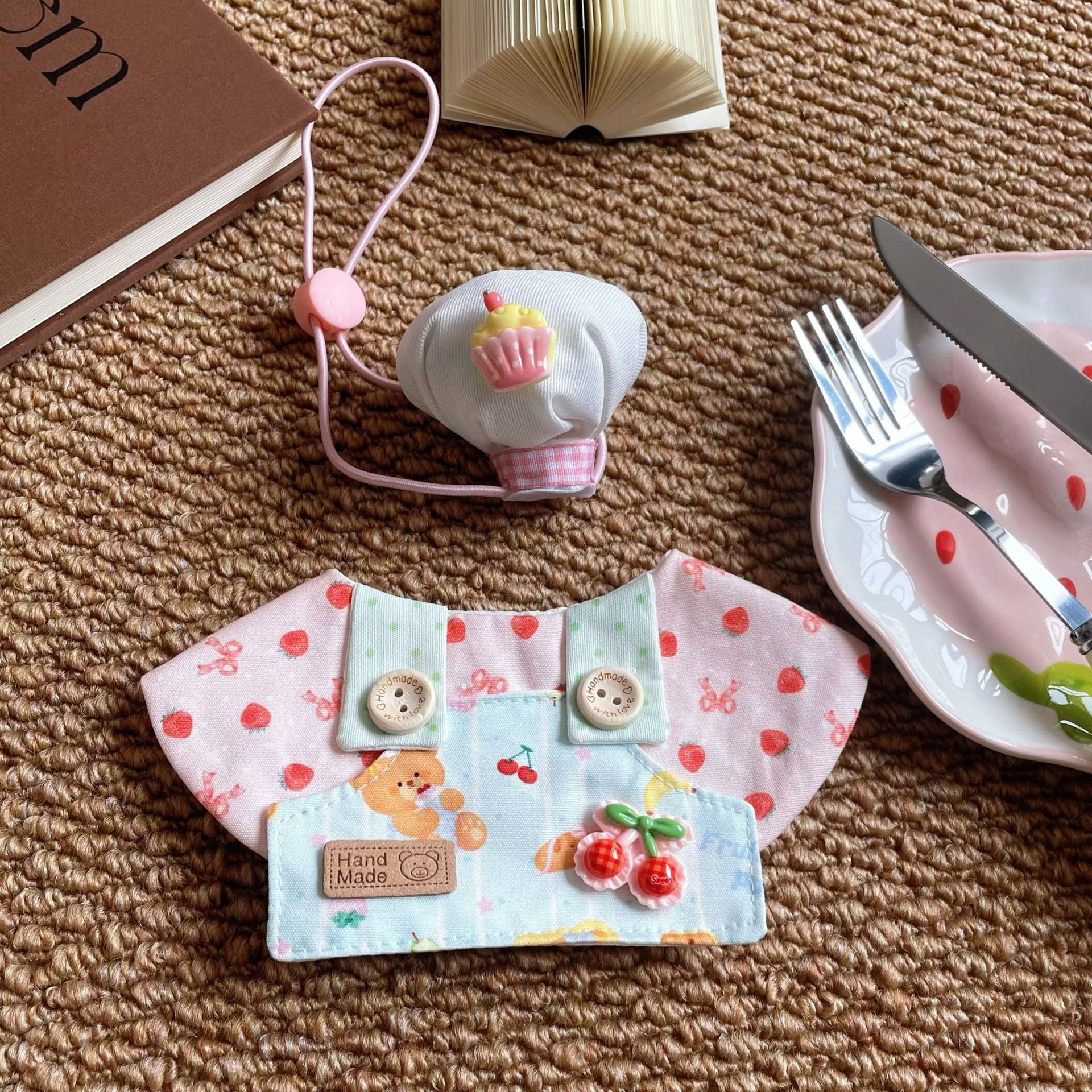 Pet Cat Chef Apron Strawberry Print Dog Bib Hat