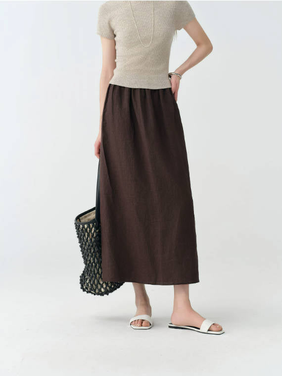 Vintage 100% Linen Elastic Waist Back Slit Office-Appropriate Skirt
