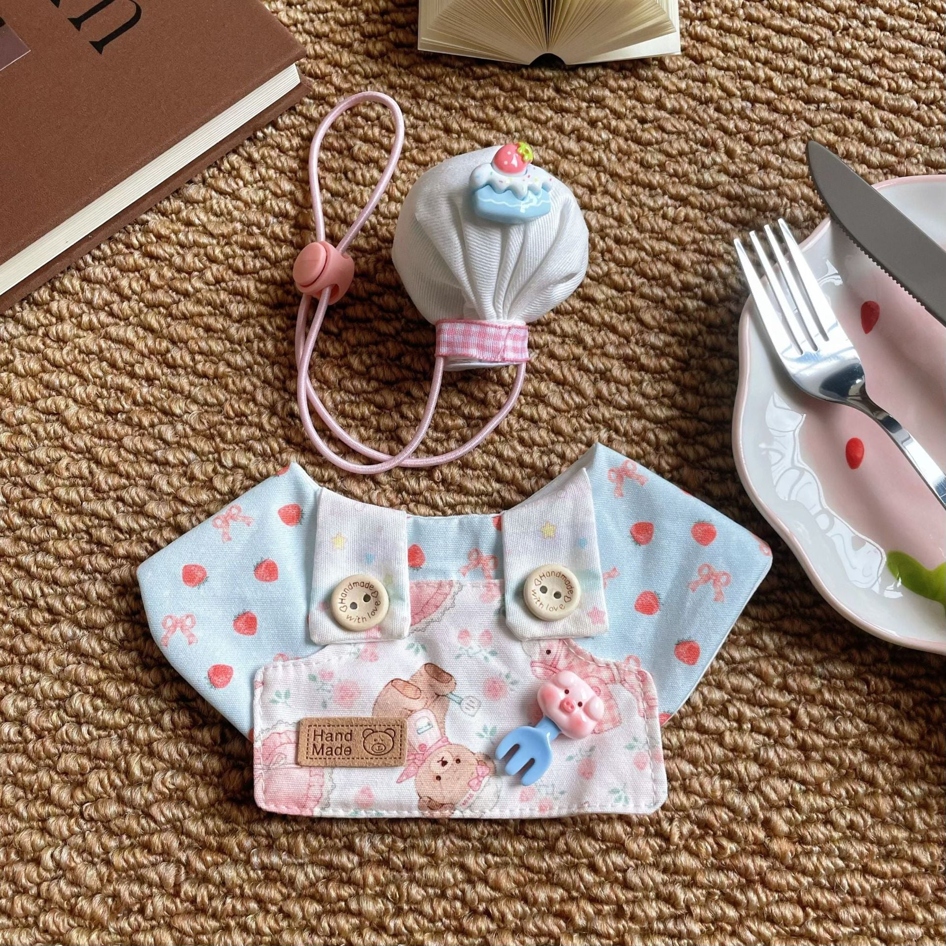 Pet Cat Chef Apron Strawberry Print Dog Bib Hat