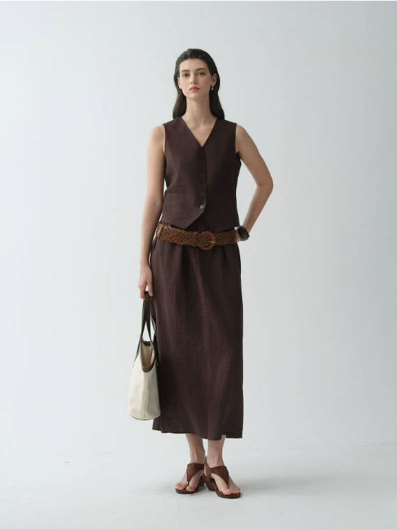 Vintage 100% Linen Elastic Waist Back Slit Office-Appropriate Skirt