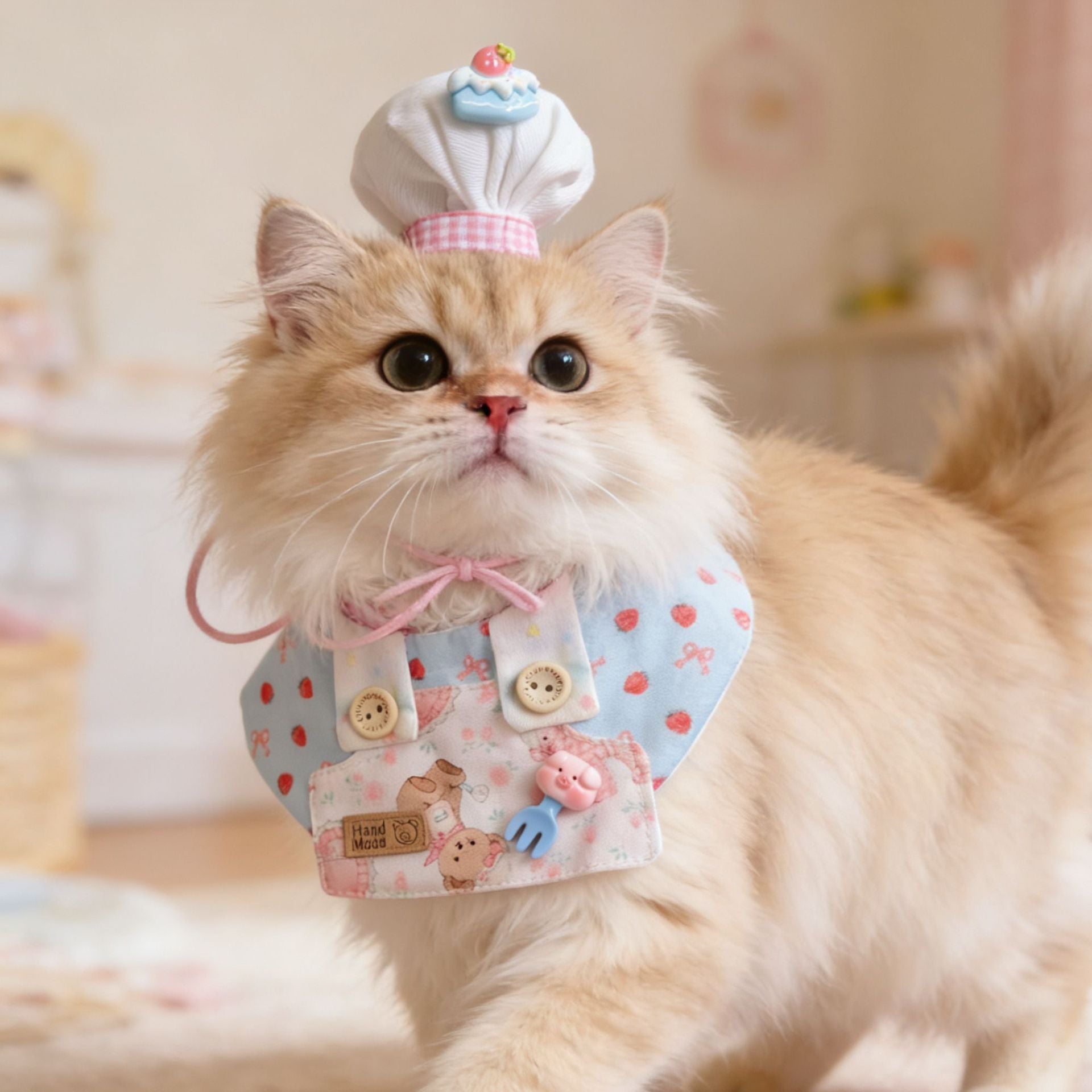Pet Cat Chef Apron Strawberry Print Dog Bib Hat