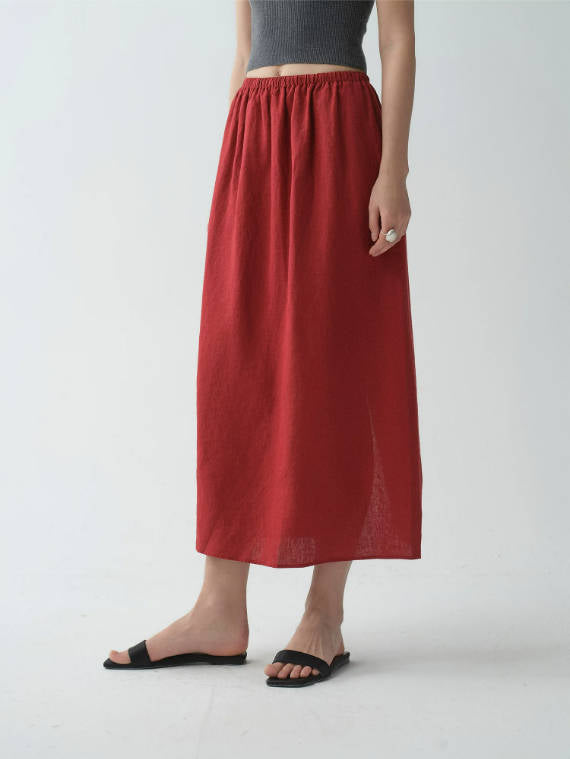 Vintage 100% Linen Elastic Waist Back Slit Office-Appropriate Skirt