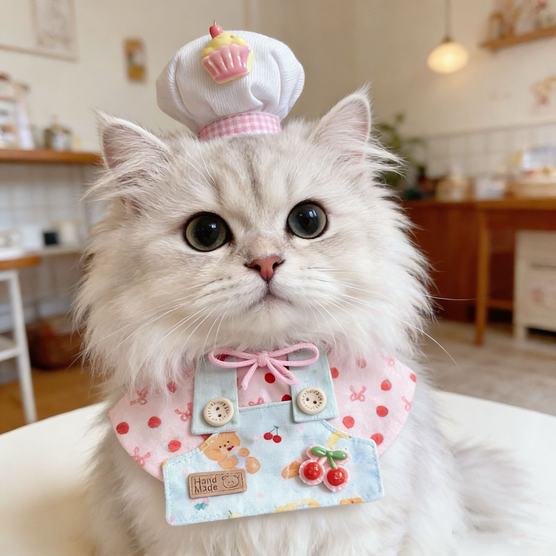 Pet Cat Chef Apron Strawberry Print Dog Bib Hat