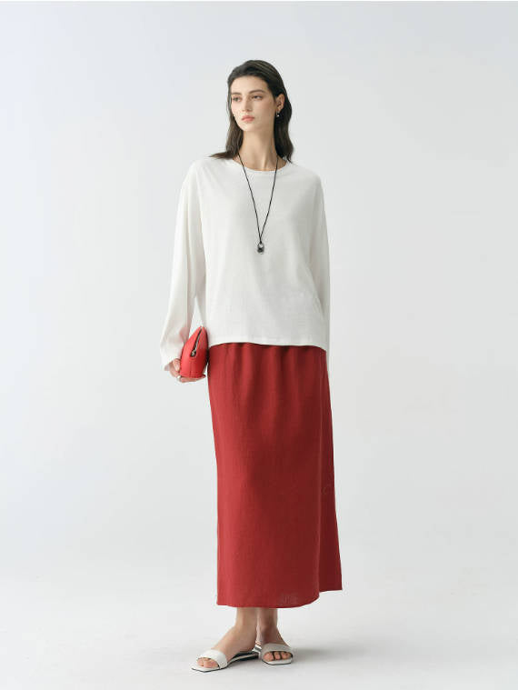 Vintage 100% Linen Elastic Waist Back Slit Office-Appropriate Skirt