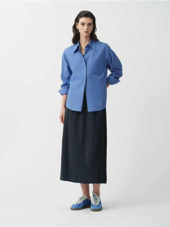 Vintage 100% Linen Elastic Waist Back Slit Office-Appropriate Skirt