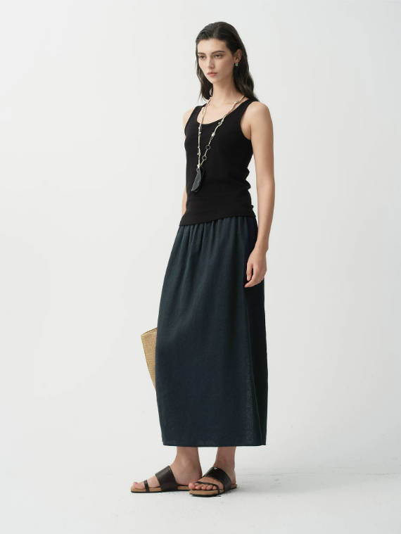 Vintage 100% Linen Elastic Waist Back Slit Office-Appropriate Skirt