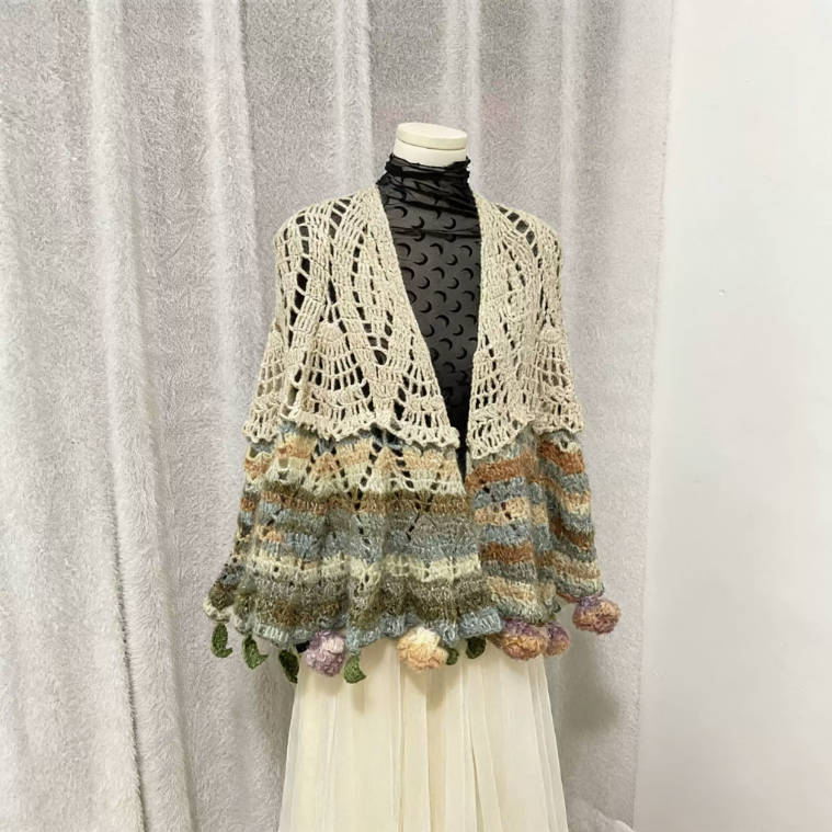 Handmade Crochet Lace Ombre Fringe Wrap Flowers Leaves Shawl