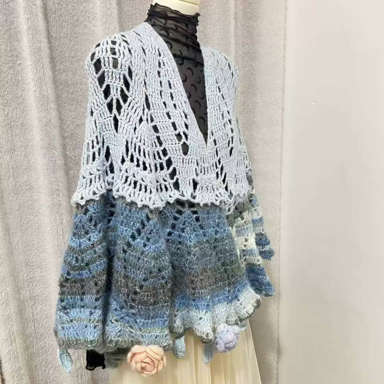 Handmade Crochet Lace Ombre Fringe Wrap Flowers Leaves Shawl