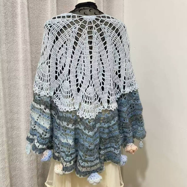 Handmade Crochet Lace Ombre Fringe Wrap Flowers Leaves Shawl