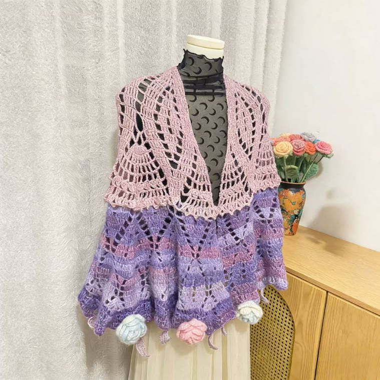 Handmade Crochet Lace Ombre Fringe Wrap Flowers Leaves Shawl